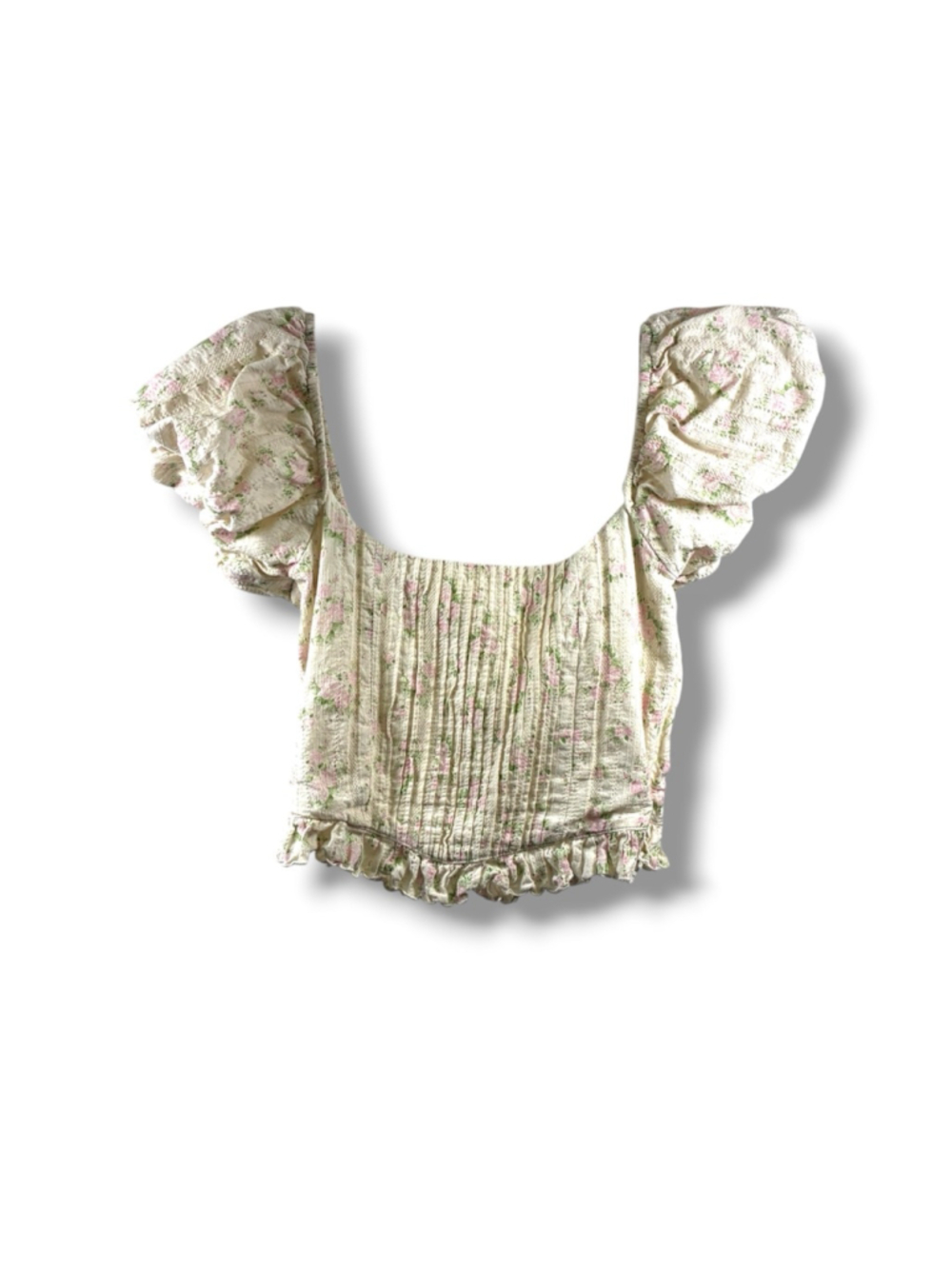 Altar'd State Cream Floral Pintuck Ruffle Crop Top